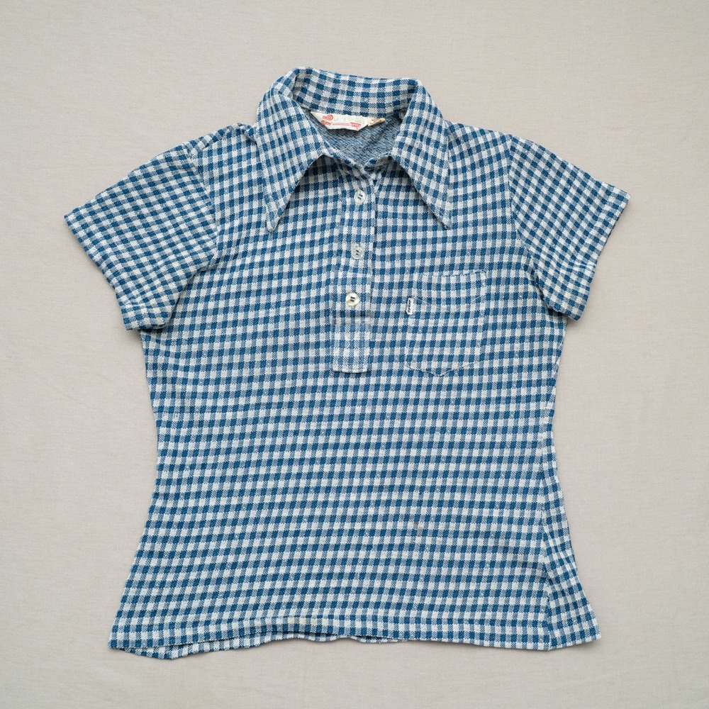 Vintage 60s 70s Levis for Gals Big E 1/4 Button Dagger Collar Polo Shirt Plaid
